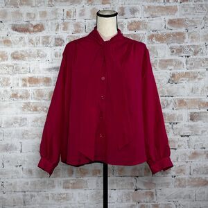 Vintage 80s Fuchsia Tie Scarf Neck Button Down Long Sleeve Popover Secretary Top